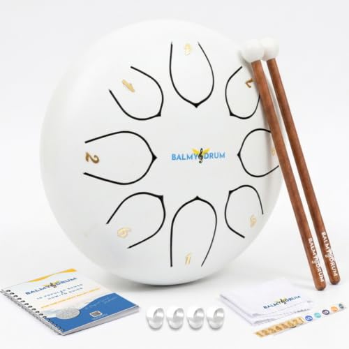 Balmy Drum Steel Tongue Drum 6 inch 8 Notes 440Hz Handpan Drum with Music Book Mallets Carry Bag Finger Picks Rain Drum for Outdoor Meditation Yoga Calming Instruments for Adults Kids (White)
