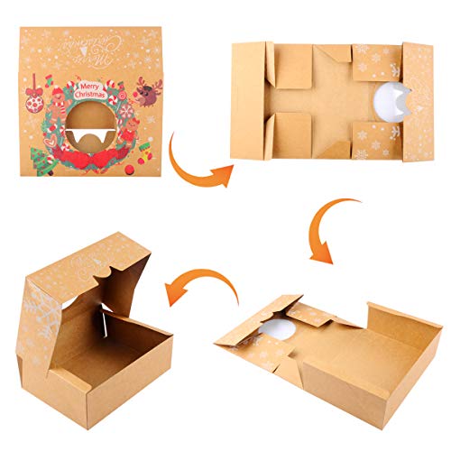 NPLUX 24 Pack Christmas Cookie Boxes with Window Christmas Pastry Boxes for Gift Giving and Party Cookie Exchange(Brown)