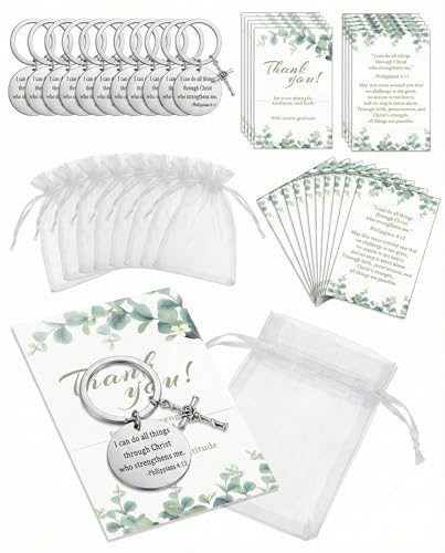 AWEZO 12 Pack Philippians 4:13 Keychain Favors with Bags, Eucalyptus Cards, I Can Do All Things Bible Verse Strength Gifts for Confirmation Graduation Guests