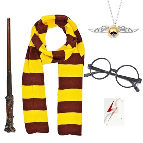 UAVAUI Wizard Costume Set 6 PCS Cosplay Accessories Magic Wand and Glasses Knitted Scarf Wizard Necklace for Wizard Cosplay Fancy Dress Outfit Accessories for School Event World Book Day