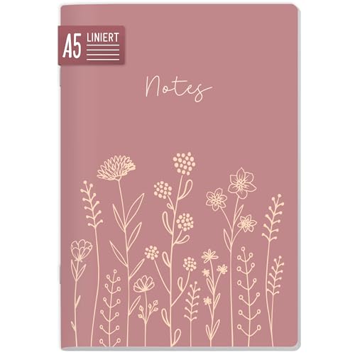 paper&you® Notizheft A5 liniert 64 Seiten, 90g/m² Premium-Papier, Notizbuch mit Softcover „Fine Flowers rosé“ für Schule, Büro & unterwegs – nachhaltig & klimafreundlich