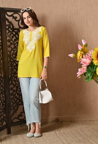 Image of LIBOZA Kurti for Women - Short Chikankari Kurtis for Girls, Lakhnawi Tunic Top Kurta Design for Ladies, Woman Ethnic Kurthis & Shirt with Sleeve