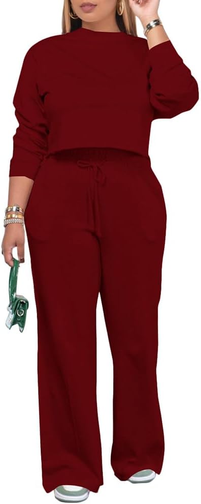 PINSV Women's 2 Piece Outfits Sweatsuit Set Long Sleeve Crop Top Drawstring Wide Leg Pants with Pockets Tracksuits Casual Set
