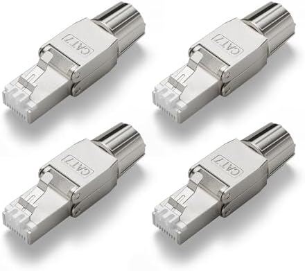 VCELINK RJ45 Stecker CAT7 werkzeuglos, Netzwerkstecker CAT7/CAT6A | 10 Gbit/s, für 22–24 AWG Kabel, geschirmt, PoE-kompatibel, Metalllasche, geeignet für Heimnetzwerk & Büro, 4 Stü