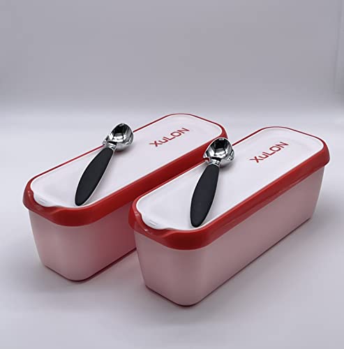 XuLON Long Scoop Homemade Ice Cream Container Double Pack- Stackable Freezer and Storage - Non-Slip Base For Meal Prep, Soups Food Complete with Scoops (XLN-RC-DBL-RD)
