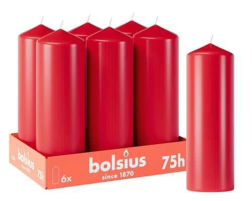 Bolsius Candele a pilastro lisce - Colore rosso - 6 pezzi - 20 x 7 cm - Durata 75 ore - Non profumate - Contiene cera vegetale naturale - Senza olio di palma