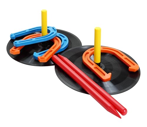 Win SPORTS Outdoor Indoor Rubber Horseshoes Set Includes 4 Horseshoes,2 Pegs,2 Rubber Mats,2 Red Plastic dowels,Beach Games Perfect for Tailgating,Camping,Backyard,Fun for Kids Adults(Orange&Blue)