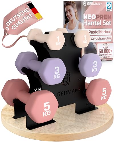HQ Germany® Hanteln Set [geruchsfreie Pastellfarben] - Hanteln 1+3+5kg - jeweils 2 Stück für Pilates und Kraftraining, Hantelset Home Gym, Dumbbells, Gewichte Hantel, Hantel Set, Kurzhanteln