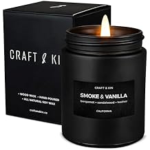 Craft &amp; Kin Premium Smoke &amp; Vanilla Candle | Black Scented Candles for Men | Long Lasting with 45 Hour Burn Time, 7.6oz | S