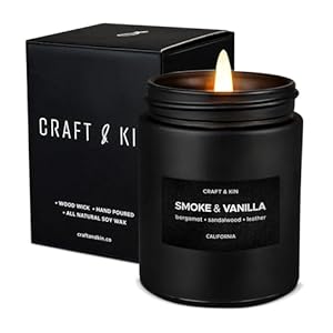 Craft & Kin Premium Smoke & Vanilla Candle | Black Scented Candles for Men | Long Lasting with 45 Hour Burn Time, 7.6oz | Soy Candle | Aromatherapy at Home | Gifts for Men