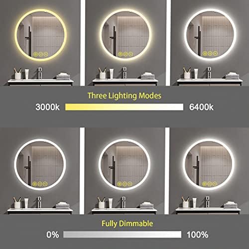 ICYWANG 40cm Round Bathroom Mirror with LED Lights Illuminated Anti-Fog Mirror Backlit Light Up Touch Switch Color Adjustable IP44 Dimmable