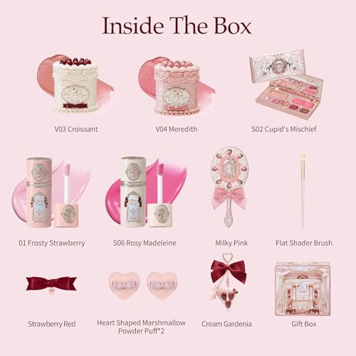 Flower Knows Strawberry Cupid 12-Piece Makeup Gift Box Set,Lip Cream×2+Liquid Blush×2+Makeup Palette×1+Hand Mirror×1+Solid Perfume×1+Hair Clip×1+Cushion Powder Puff×2+Eyeshadow Brush×1+Gift Box×1