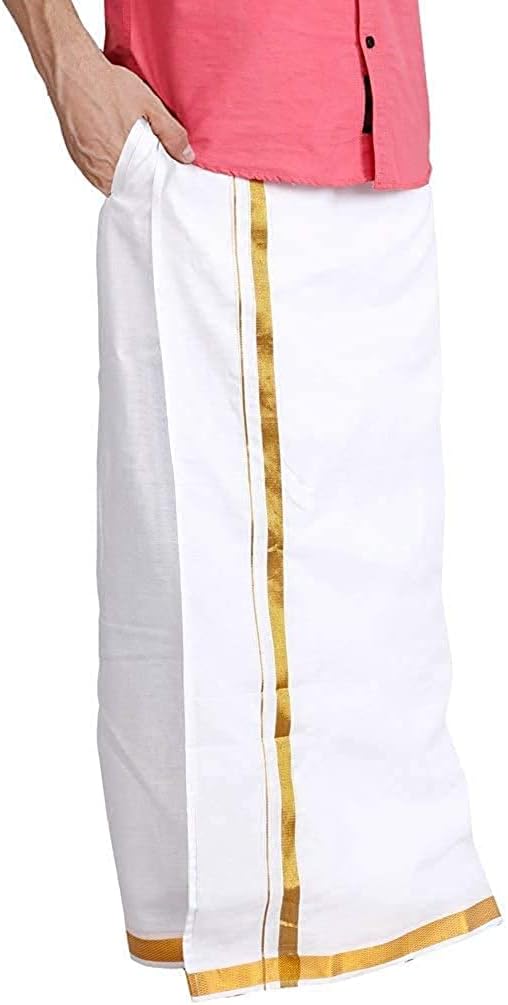 Cotton (100% cotton) Mens Welcro pocket dhoti/Welcro pocket mundu/single pocket dhoti/Jari Cotton dhoti/Zari cotton dhoti Jari cotton pocket dhoti Size is 28-42, White, GOLD ZARI