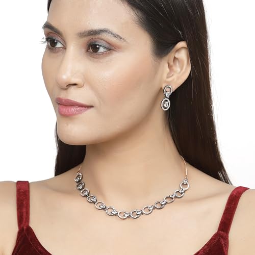 Image of ZENEME Rhodium-Plated American Diamond Studded Disc-Shaped Necklace With Earrings Jewellery Set For Girls and Women