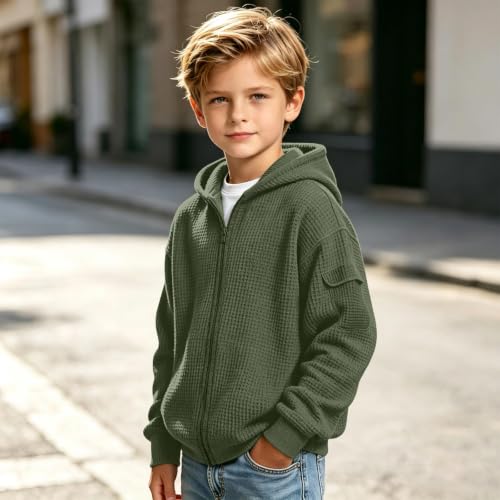 Kids Zip Up Hoodie Waffle Knit Long Sleeve Boy Sweatshirt Jacket Size 8-10 - image 3