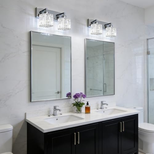 Image of Brushed Chrome Crystal Bathroom Vanity Light, 2-Light Modern Bathroom Lighting Fixtures Over Mirror,Chrome Wall Sconce Light Fixtures with Square Shade