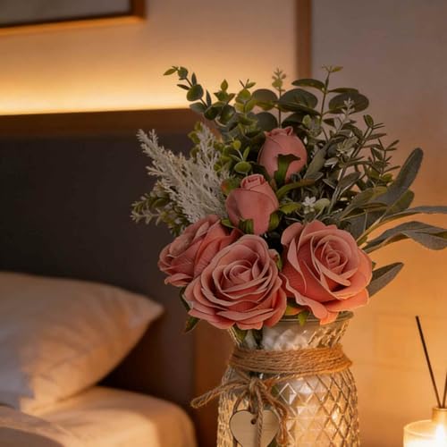 Arreglo de rosas falsas con jarrón de cristal Topiky para decoración del hogar 4