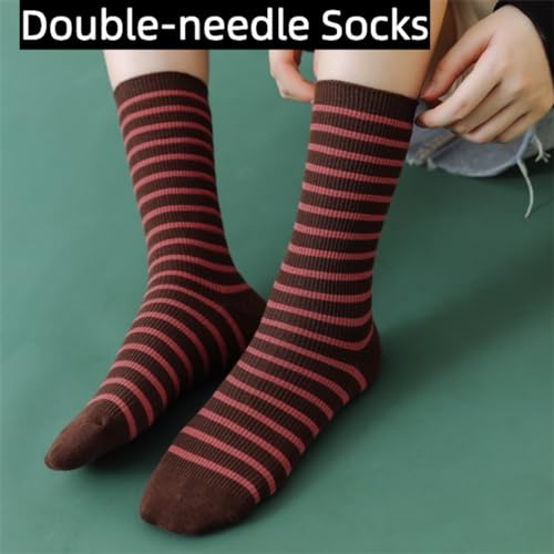 Striped Socks High Ankle Women Cotton 8 Pairs Double-Needle Retro Style Cute Casual Crew Socks3