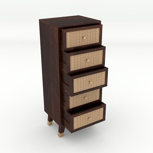 Image of Solid Sheesham Wood 5 Drawer Chest | Rosewood Chest of Drawers with Cane Front | Tall Storage Cabinet for Bedroom & Living Room (Walnut Finish)