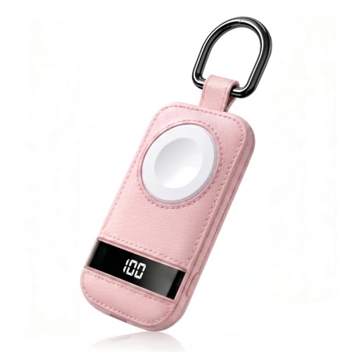 Image of 5W Fast Portable Charger for Apple Watch, 2500mAh & Digital Display - Magnetic Fast Charging iWatch Charger for Travel - for Apple Watch Series (Pink-Faux Leather)
