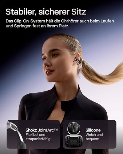 SHOKZ OpenDots ONE Open Ear Kopfhörer, Premium Dolby Audio, Clip On Earbuds mit Mikrofon, Bluetooth 5.4, schnelles Aufladen, 40 Stunden Spielzeit, IP54, Gewicht 6,5g, mit Reinigungstuch, Schwarz – Bild 5
