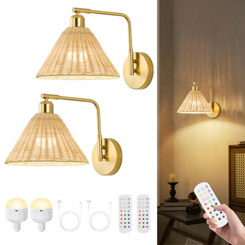 Weaboopre Rattan Rechargeable Wall Sconce Set of 2 Gold Battery Operated Wall Lights with Remote Hand Woven Boho Sconces Swing Arm Wireless Wall Lamp for Bedroom Living Room Hallway Decor