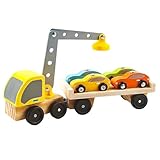 Leesenn Autotransporter aus Holz mit Kran & 4 Magnet-Autos, Abschleppwagen Spielzeug, Auto Spielzeug, Holzauto, Montessori Spielzeug, Fahrzeuge Geschenk für Kinder ab 3 4 5 Jahren