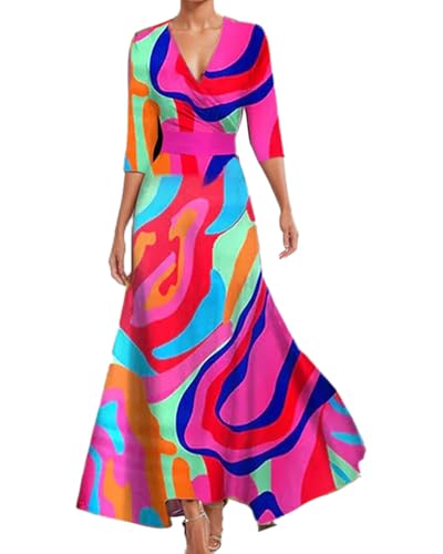 Vestido maxi estampado floral de primavera para mujer con elegante escote en V y cinturón de verano