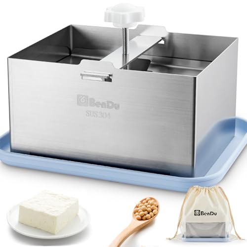 Bendu Tofu Press Stainless Steel 304, Upgraded Tofu Maker with Drip Tray & Cloth for Homemade Tofu, Paneer Press & Cheese Making Tool-Blue