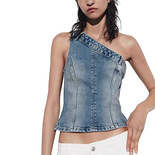 Women Denim Tube Vest Top Sleeveless One Shoulder Skinny Casual Strapless Corset Crop Tops