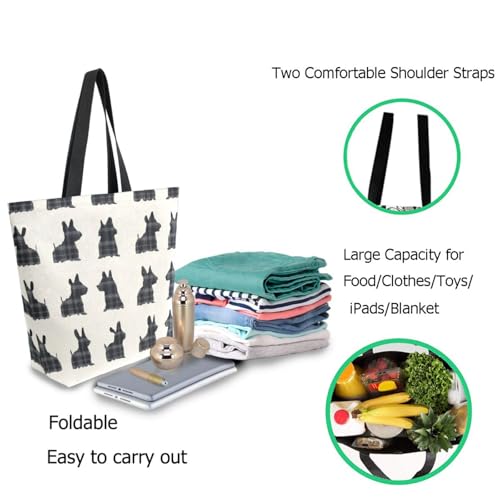 Black Plaid Scottish Terrier Dogs Extra Large Canvas Gym Shoulder Tote,Durable Reusable Daily Top Handle Bag for Mens Womens Yoga Weekender Picnic Beach Travel Market Shopping3