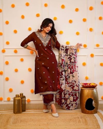 Image of Women Afghani Viscose Rayon Kurta Pant Dupatta Set with Embroidered Neck Work and Floral Print Organza Dupatta | Ethnic Straight Suit Set