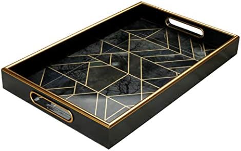 Serving Tray –Coffee Table Tray –Elegant Decorative Tray –PS and Printed Glass Table Tray –Practical and Sturdy Design –Easy to Clean and Washable(Black and Grey,15.6x10x1.8 Inches)