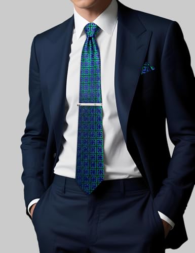 Image of DiBanGu Mens Silk Plaid Tie and Pocket Square Set | Elegant Silk Formal Tie Set, Woven Check Necktie and Cufflinks Tie Clip Set, Perfect for Wedding Party, Comes in Gift Box