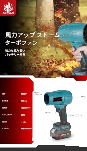 zmart ブラシレス 2000W 電動ターボブロワー ジェットファン 200M/S バイオレントカードライヤー ハンドヘルドダストブロウツール マキタ向け 18V バッテリー用 6枚目