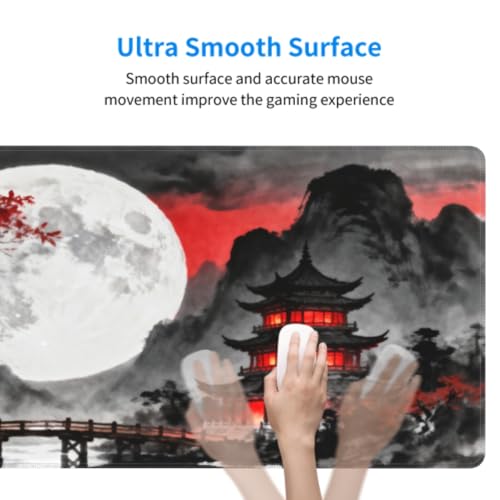 Image of Black Red Japanese Mouse Pad 31.5x11.8 XL Mountain Moon Watercolor Design Extended Large Mousepad Keyboard Mouse Mat Desk Pad with Non-Slip Rubber Base Stitched Edges for Home Office Game