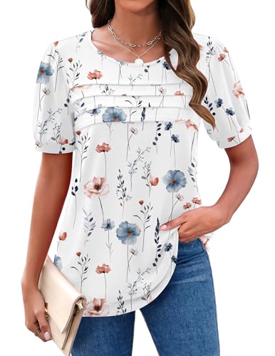 Zeagoo Womens Short Sleeve Tops Floral Boho Shirts Pleated Crewneck Summer Outfit Puff Sleeve Blouses Casual Tunic