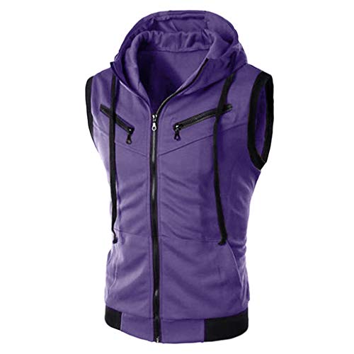 Hoodie Tank Top Men's Sleeveless Slim Fit Hoodie Vest Zipper Drawstring Gilet Jacket Bodybuilding Fitness Muscle Cut T Shirt(Purple,L)