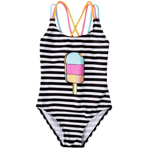 Toddler Girls Bathing Suits One Piece Cute Ice Cream Quick Dry Swimsuits Kids Striped Swimwear Strap Swimming Suit