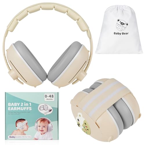 Adiwo 2 en 1 Casque Anti Bruit Bébé, Casque Avion Bebe, Jusqu'à 25 dB, Protection Auditive pour Enfant Jusqu'à 48Mois, Améliore le Sommeil, Ajustable et Confortable, pour Concerts, Avions, Beige