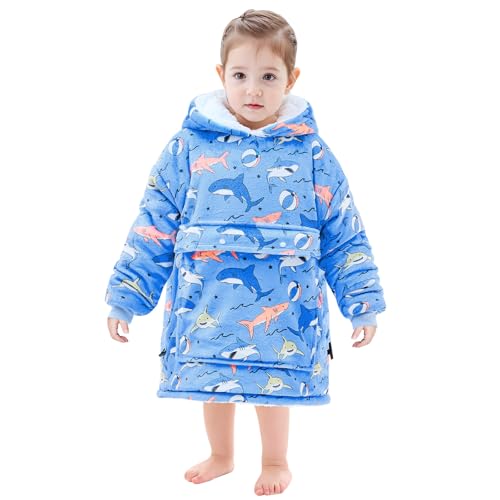 yescool Glow in The Dark Wearable Blanket Hoodie for Kids Toddlers 2-6YR Old Gifts, Oversized Blanket Sweatshirt with Sherpa for Christmas Thanksgiving Birthday Gifts, One Size, Shark