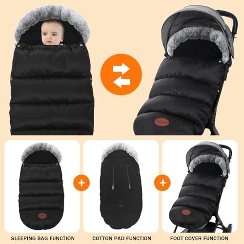 Stroller Footmuff Thickened Fleece-Lined Warm Stroller Cover for Winter with Furs Collar & Zipper Waterproof Bunting Bag 35x14 Inch — view 6