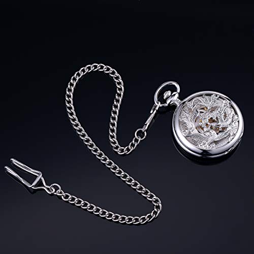 Image of ManChDa Antique Mechanical Pocket Watches for Men Lucky Dragon Phoenix Pocket Watch with Chain Skeleton Dial Roman Numerals Gifts for Fathers Day