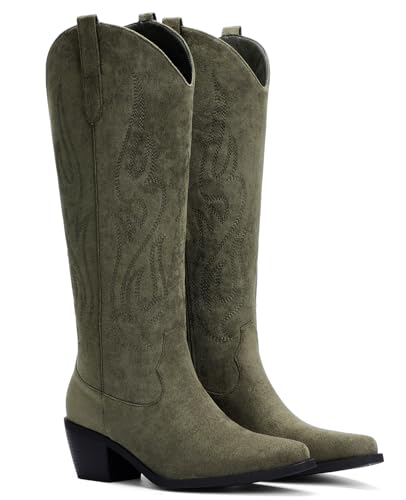 Image of Pasuot Western Cowboy Boots for Women - Knee High Wide Calf Cowgirl Boots, Slip On Pointed Toe Chunky Heel Fashion Retro Classic Pull On Tall Boot for ladies Party concert