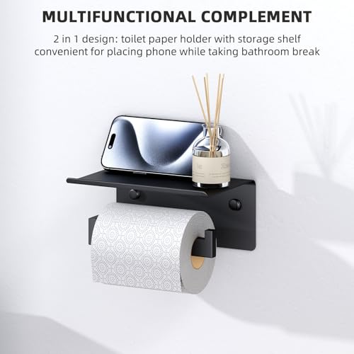 Image of Angle Simple Toilet Paper Holder with Shelf Matte Black, Tissue Roll Holder