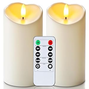 Homemory 6″x3″ Outdoor Waterproof Flameless Candles, LED Candles, Battery Operated Candles with Remote and Timers, Electric Fake Plastic Pillar Candles, Ivory White, Set of 2