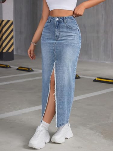 Image of GRECIILOOKS Women's High Waist Denim Skirt with Front Slit - Long Maxi Jean Skirt Casual Fashion - Stylish Denim Skirts for Women