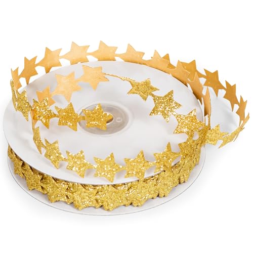 Gold Glitter Star Ribbon Sparkly Trim 0.8 Inch x 20 Yards Polyester