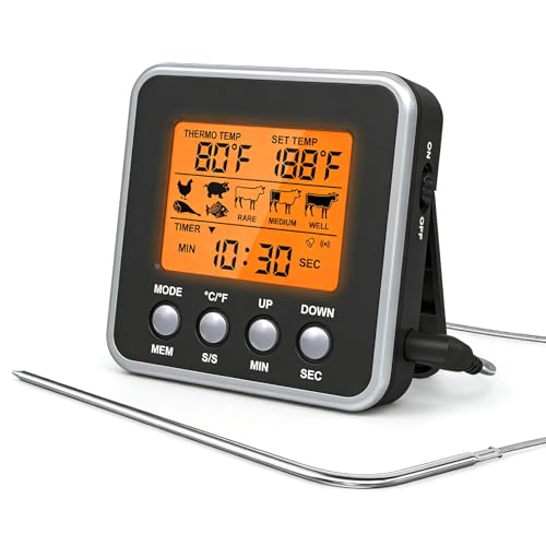 VOBOR Sonde Thermomètre Cuisine Numérique, Fonction Minuterie, Alarme, Écran LCD, Termometre Cuison pour Cuisson au Four et Barbecue