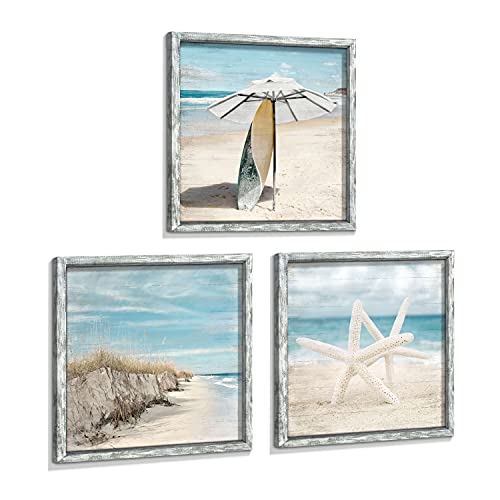 Beach Pictures Wooden Wall Art: Ocean Artwork Home Decor Set Of 3 Seascape Pathway Surfboard Starfish Collection Prints For Bedroom Framed #TOP12